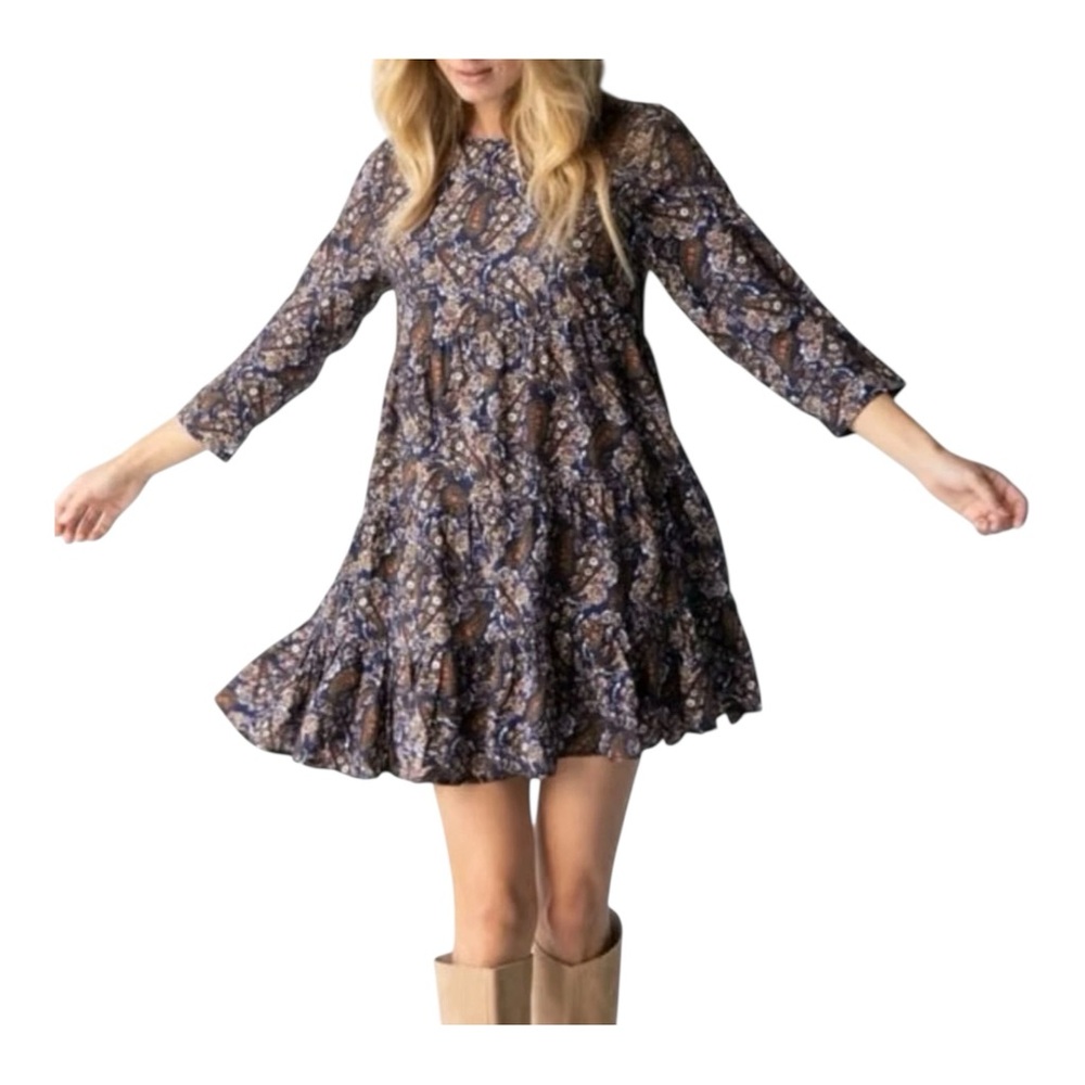 Natural Life Heidi Babydoll Dress Navy Paisley Size XL Tiered Cottagecore New
